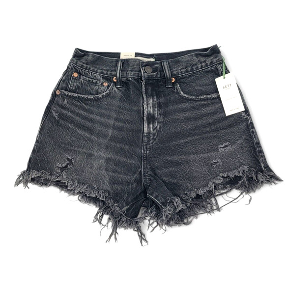 AE77 The High Rise Cut-Off Denim Shorts Black‎ Size 26 Chewed Raw Hem Y2K - Picture 1 of 4